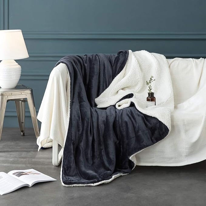 LBRO2M Sherpa Fleece Bed Blanket King Size Super Soft Fuzzy Plush Warm Cozy Fluffy Microfiber Couch Throw Velvet Double Reversible Blankets,Dark Grey