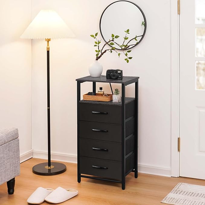 Yoobure Night Stand - LED Nightstand with Charging Station, Bedside Table with 4 Fabric Storage Drawers and Storage Shelf, End Table with USB Ports and Outlets, Tall Dresser for Bedroom