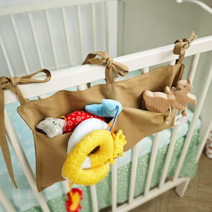 Baby Bedside Hanging Storage Bag - 2-Pocket Bedside Storage with High Capacity for Diapers & Essentials, Space-Saving Hanging Nursery Organizer 5 Colors Available (Khaki)