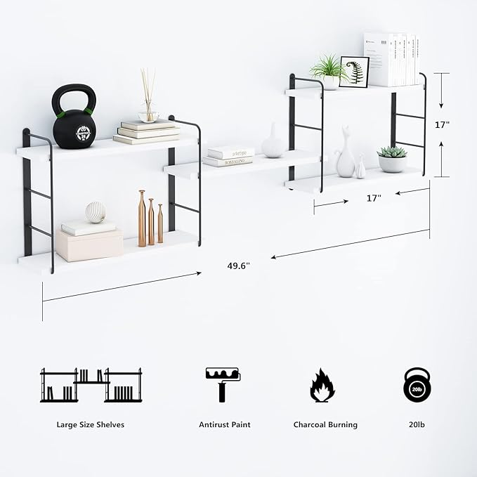 Wall Shelves, Wall Mounted Bookshelves, DIY Floating Shelves for Wall, Wood Hanging Book Shelves for Room, Bedroom, Living Room, Easy Installation (White, 50W x 17H)