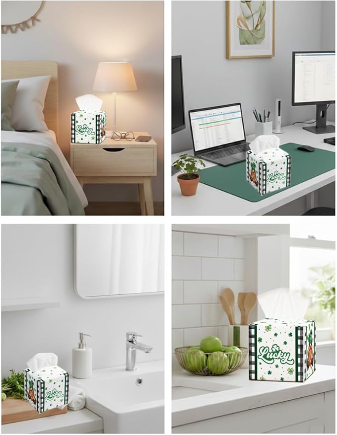 St.Patrick's Day Napkin Tissue Box Cover, Buffalo Plaid Shamrock Gnome Waterproof Leather Paper Organizer Dispenser for Table Dining, Bathroom, Nightstand Vanity, Car, Housewarming Gift Ideas, C