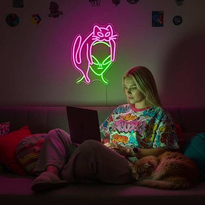 Alien Cat Neon Sign,Dimmable LED Neon Signs for Wall Decor,USB Powered Alien Neon Light for Bedroom, Game Room, Bar,Aesthetic Alien Cat Lover Decor