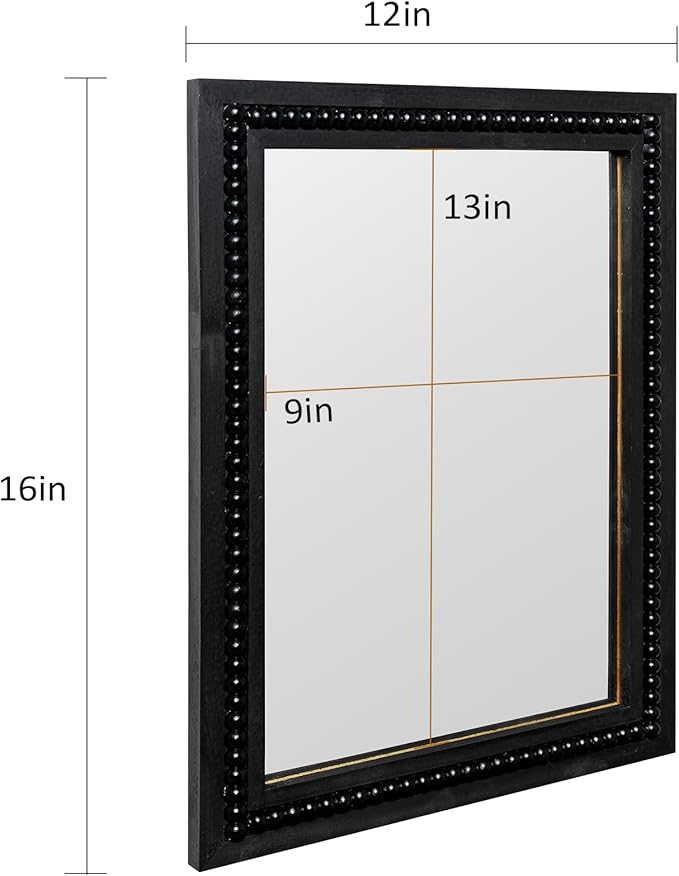 Black Wood Beaded Frame Wall Mount Mirror, 12 x 16 Inches Modern Farmhouse Real Glass Horizontal/Vertical Hanging Mirror for Bathroom, Living Room, Entryway