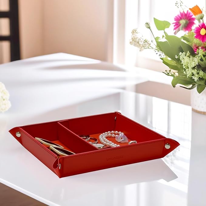 UnionBasic Medium Valet Tray, Jewelry Tray for Rings Watches Earrings, Entryway Catchall Caddy for Coins Keys Change, Nightstand Bedside Valet Holder, Trays for Electronic Gadgets, Red Plus