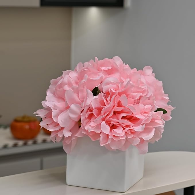 LADADA Faux Flowers with vase ，Fake Peony Bouquet in Square White Ceramic Vase, Flowers for Table Decoration Farmhouse Floral Arrangement (Pink)