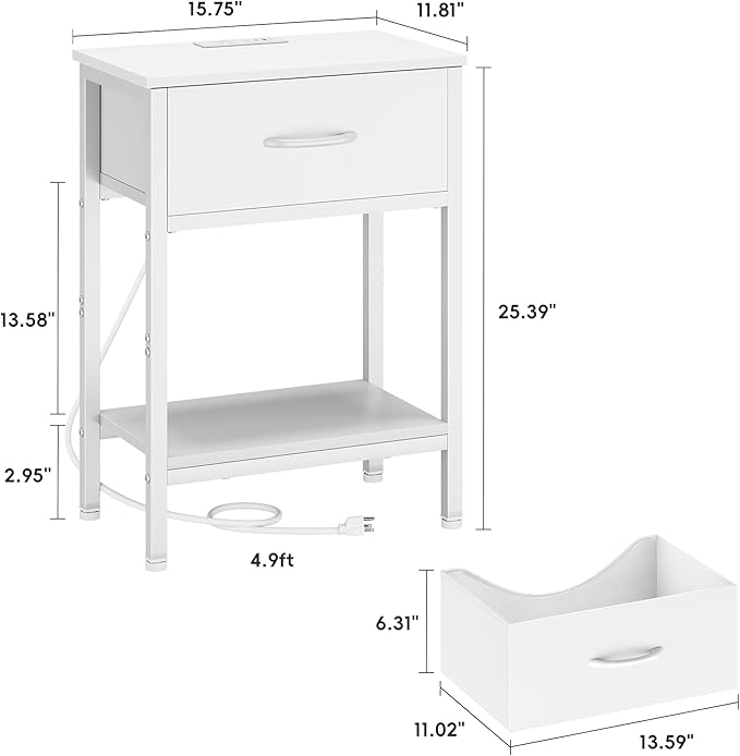 Vagusicc White Nightstand with Charging Station, End Table with Fabric Drawer, Small Side Table with 2-Tier Storage Shelves, 25.4" Tall Bedside Table, White Night Stand for Bedroom, Living Room, Dorm