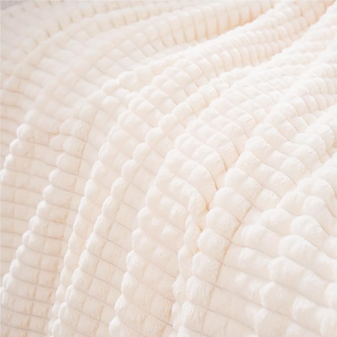 Puncuntex Flannel Fleece Throw Blanket Cream White 60"×80",Super Soft Plush Cozy Blanket with Square Grid Design Luxury for Couch Sofa Chair