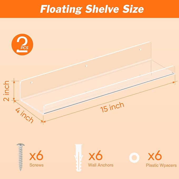 2 Pack Floating Shelves for Wall, 15" Clear Book Shelf, Acrylic Floating Wall Shelf, Display Shelves Organizer for Bathroom, Classroom, Bedroom, Living Room, Kitchen, Room Decor