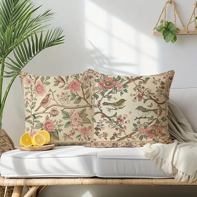 Vintage Floral Bird Print Decorative Throw Pillow Covers, Beige with Pink Flowers and Green Leaves, Traditional Garden Design, 2-Pack， 18x18 Pillows Linen Pillowcase