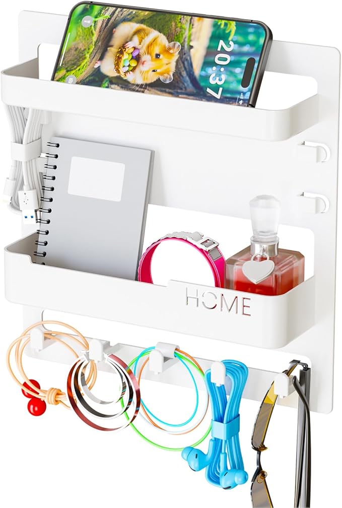 Ejoyous Bedside Shelf Wall Mount, Adhesive Phone Holder Organizer with Hooks and Cable Clips On Dorm Room, Wall Storage for Glasses Remote Earphone Cell Phone Charger Keys Snacks (White)