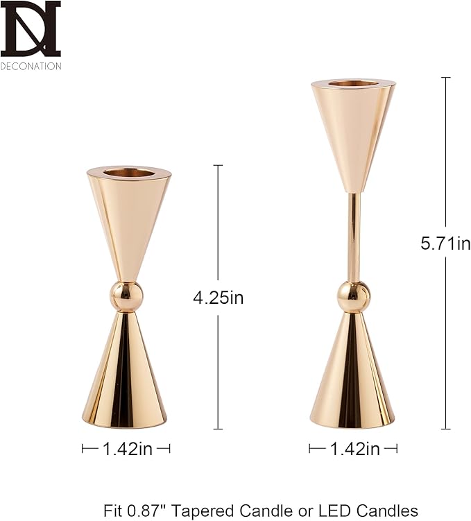 DN DECONATION Gold Taper Candle Holders Set of 2, Tapered Candlestick Holders Decor for Fall Thanksgiving Table Centerpiece Wedding Decorations, Modern Metal Candle Holder for Living Room, Mantel