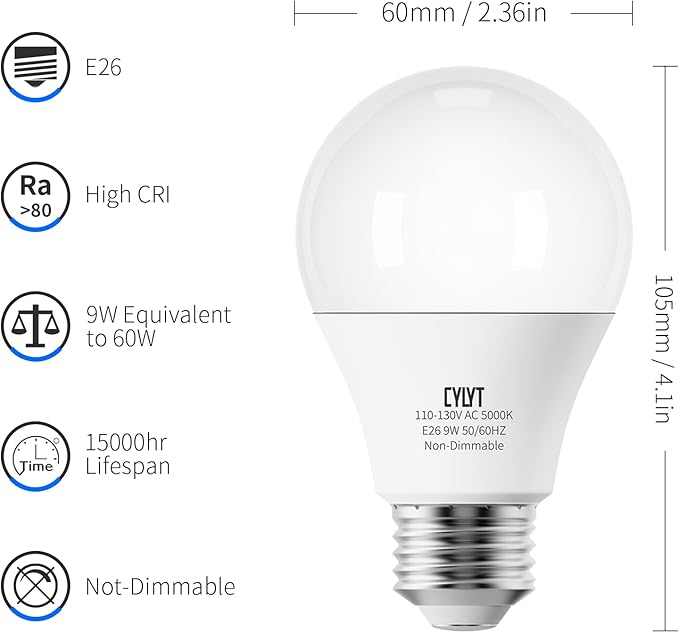 A19 LED Light Bulb 60W Equivalent, Daylight White 5000K, 9W Energy Saving Bulbs, Focos LED para Casa, E26 Standard Base for Kitchen Bedroom Indoor Outdoor, 800 Lumen, Non-diammable, 4-Pack