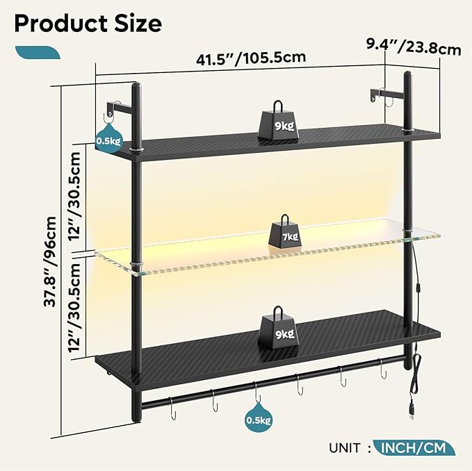 Bestier Gaming LED Floating Shelves for Wall, 41" Wall Mounted Shelf Pipe Glass Shelves, 3 Tier Hanging Display Rack with 8 S-Hooks Towel Bar, Kitchen Gaming Room Wall Decor, Carbon Fiber Black