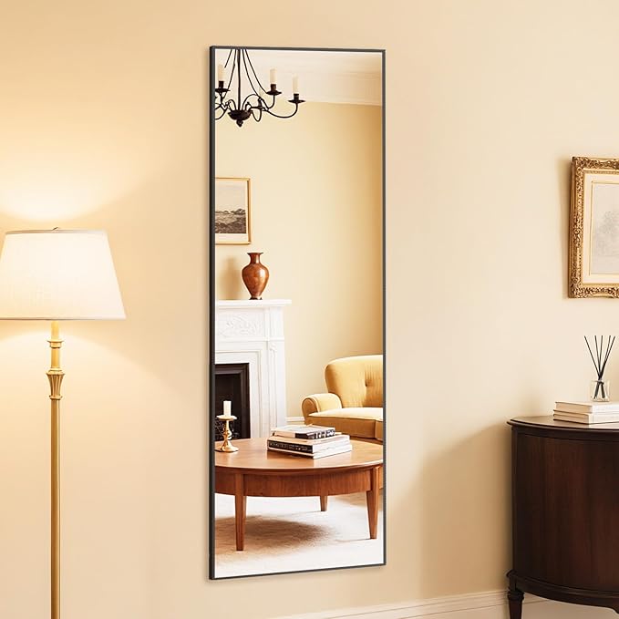 NEWBULIG Full Length Mirror 59.2"x16" for Bedroom, Full Body Mirror with Stand, Hanging or Leaning for Wall, Aluminum Alloy Thin Frame Floor Standing for Living Room, Long, Black