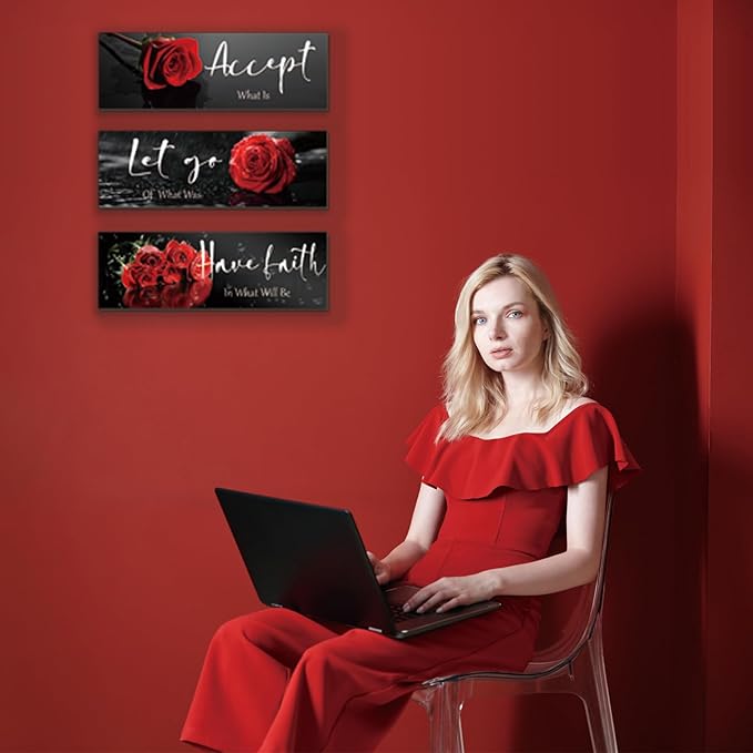 ZINYAZHE 3 Pcs Red Decor Flower Inspirational Wooden Wall Art Red Roses Office Wall Decor with Accept Let Go Have Faith Positive Quotes for Girl Women Bathroom Living Room Bedroom(16 x 5 Inch)