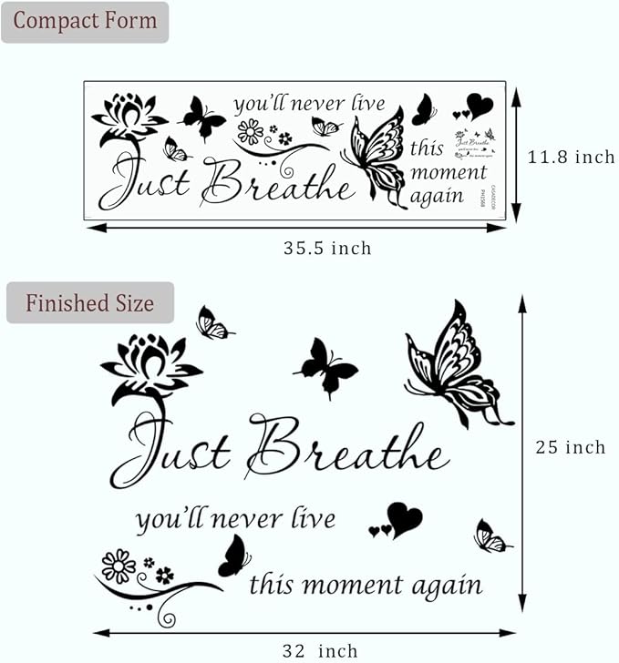 Inspiring Positive Quotes Wall Sticker - Just Breathe Decals, Inspirational Art for Women Girls Bedroom Living Room - Encouragement Gifts Home Decoration