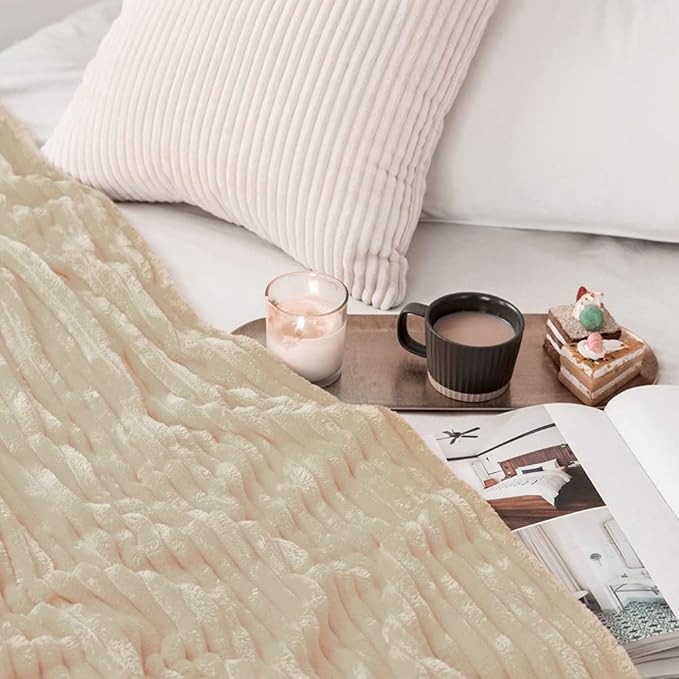 MIULEE Fleece Throw Blanket with Stripe Pattern Fuzzy Flannel Beige Blanket for Couch Plush Warm Cozy Bed Blanket Boho Decor for Bed Sofa Chair Twin Size 60"x80"