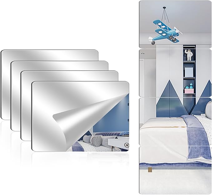 4 Pack Acrylic Mirrors for Wall,8 x 8 Inch Self Adhesive Frameless Small Mirror Tiles, Flexible Plastic Mirror Sheets for Bedroom Home Gym Door (12 * 16 inch)