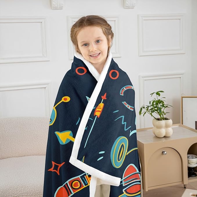Erosebridal Nursery Robot Sherpa Blanket - Cartoon Rocket Throw for Kids Boys Girls - Gear Machine Science Fuzzy Fleece 40"x50" Blue Orange - Child Sofa Decor