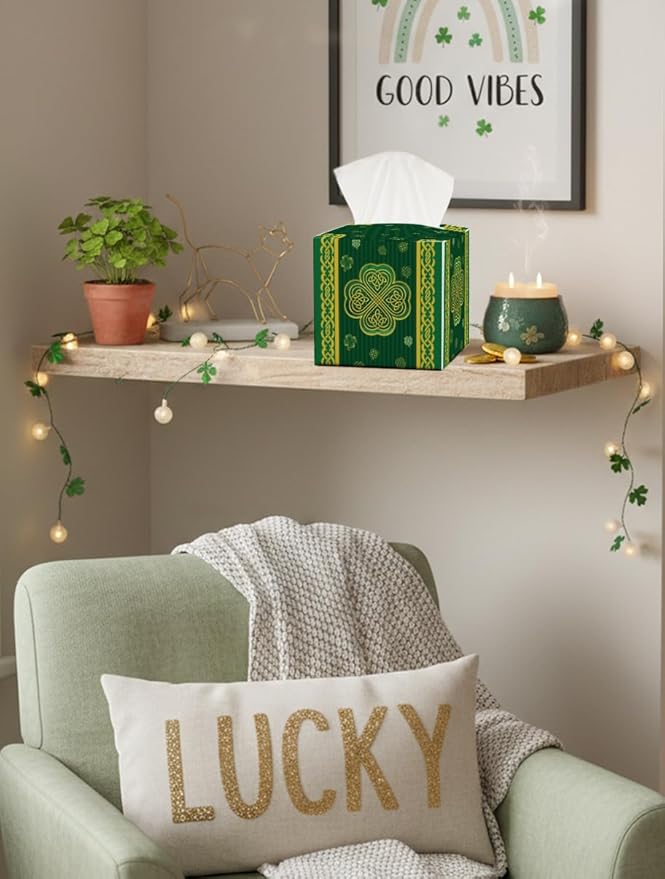 St.Patrick's Day Napkin Tissue Box Cover, Green Stripes Shamrock Waterproof Leather Paper Organizer Dispenser for Table Dining, Bathroom, Nightstand Vanity, Car, Housewarming Gift Ideas, F