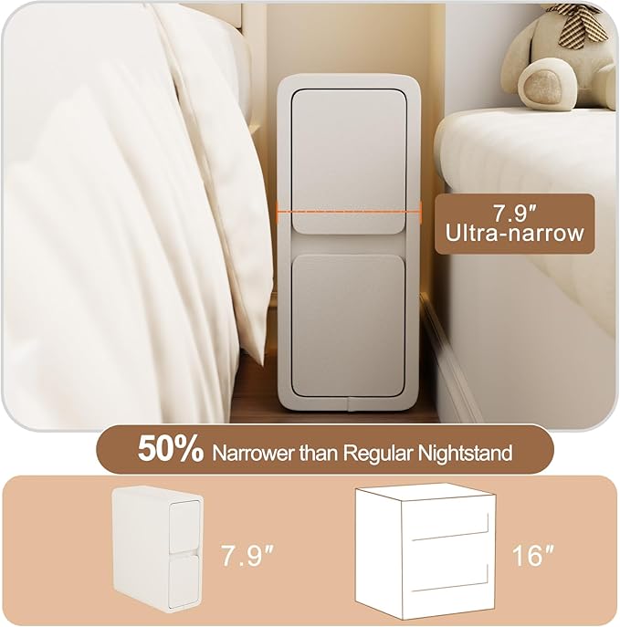 AQIMUELE Narrow Nightstand - Narrow Bedside Table with Drawers, Wood Small Nightstand with Leather Surface for Bedroom, White - 7.9" W