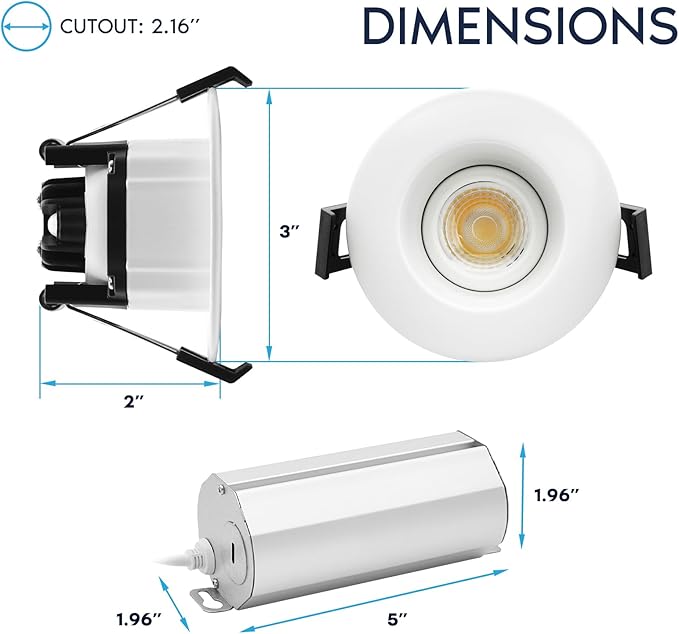 LUXRITE 2-Inch Regressed Gimbal LED Recessed Light, 5 Color Selectable 2700K-5000K, 6 Watts, 400 Lumens, Ceiling Spotlight 360º + 30º Rotation, Dimmable, CRI90, IC & Wet Rated, ETL Listed (6 Pack)