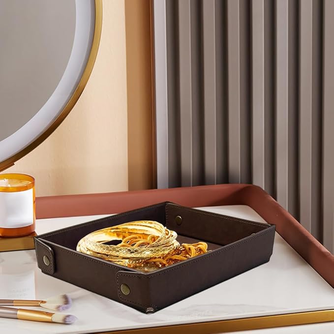 Foldable PU Leather Valet Tray Catchall Travel Dish Plate Dark Brown Leather Jewelry Storage Case Necklace Pendant Organizer Holder Container for Men Women Desk Bedside Drawers