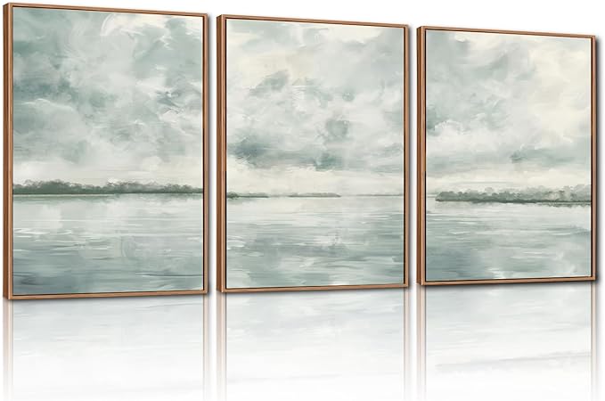 CHDITB Abstract Coastal Landscape Framed Wall Art, Lake Pastel Painting, Misty Sky Seascape Print, Blue Gray Artwork Minimalist Neutral Nature Wall Decor for Zen Living Room Bedroom Office 16"x24"x3