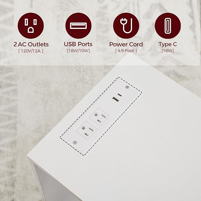 Modern End Table with Charging Station, Narrow Side Table for Small Spaces with 2 Open Storage Shelf, Narrow Nightstand with Light, Thin Bedside Table for Living Room, White ETWT18E01Z