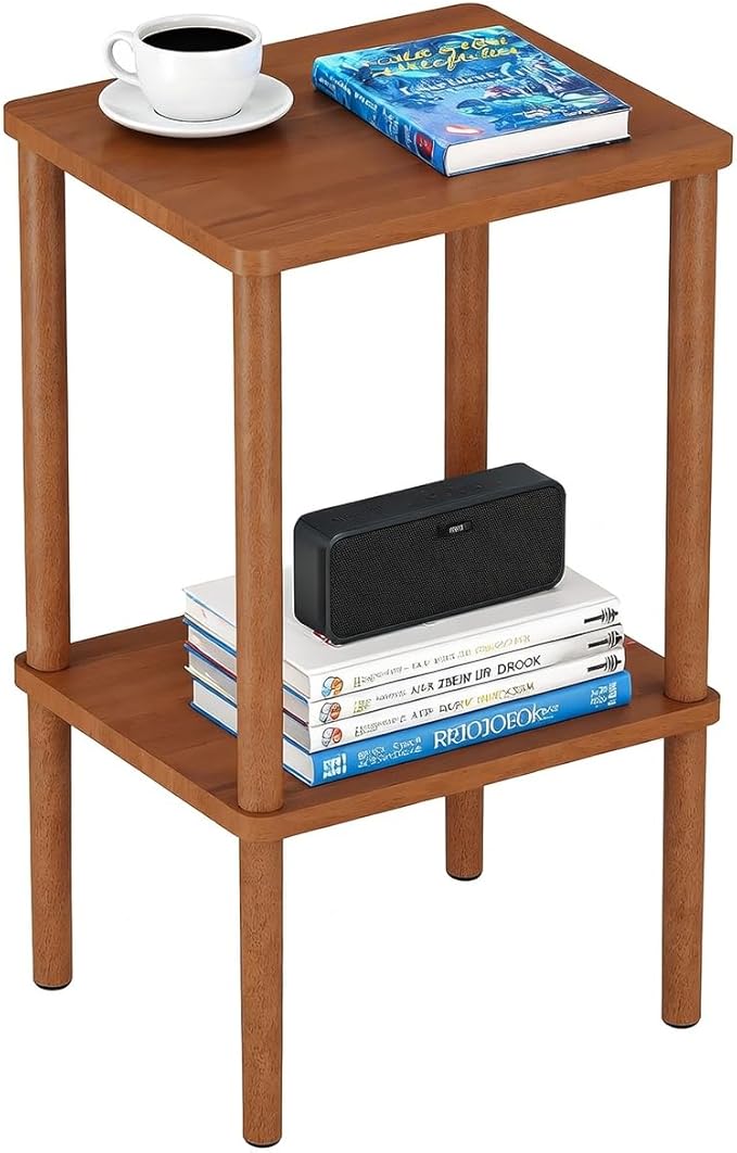 Solid Wood Side Table, 2-Tier Tall End Table with Storage Shelf, Small Nightstand Bedside Table for Bedroom, Living Room, Kids Room & Small Spaces, No-Tool Assembly,(Walnut)