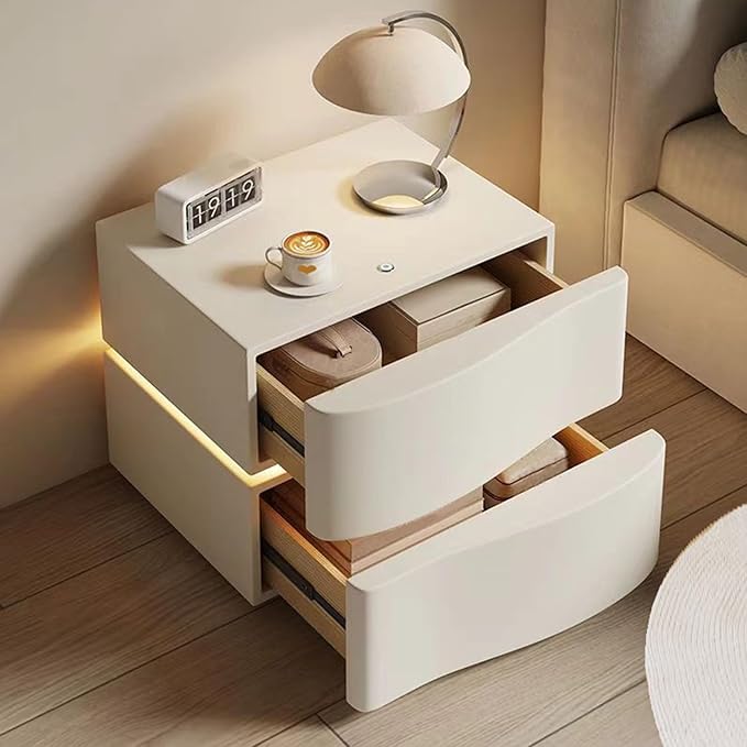 Modern Nightstand with LED Light, Leather Night Stand with Drawer, Solid Wood Bedside Table (2 Drawers, Black)