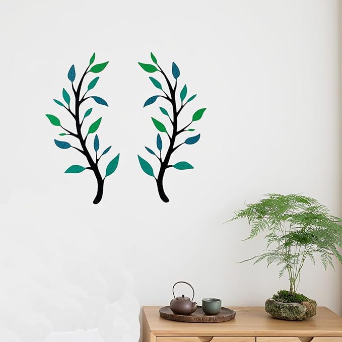 Yuzhuo 2 Pieces Metal Tree Leaf Wall Décor Branch Leaf Wall Art for Indoor Outdoor Garden Home Bedroom Living Room Decorations Iron Scroll Sculptures Above the Bed(Dark Green, S)