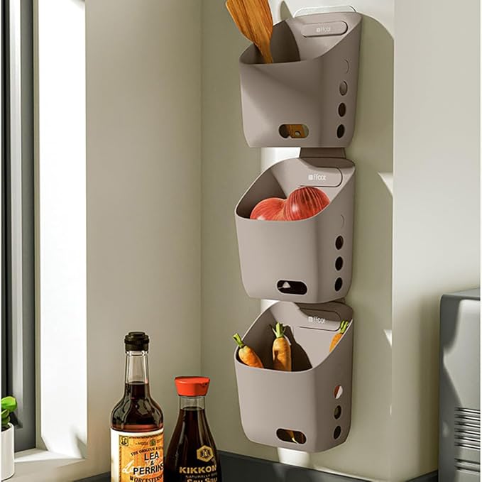 LeleCAT Plastic Hanging Basket Kitchen Storage organizer, Basket with Detachable hook, Hang it behind a door or on a railing, Over the Cabinet Door (Light Gray, Small) 2pack