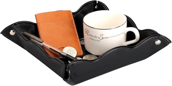 Valet Tray for Men Women 2 Pack - PU Leather Travel Catchall Tray Organizer - Desk Bedside Nightstand Storage Box for Jewelry Key Phone Remote Controller Wallet Watch Glasses Readers -Black