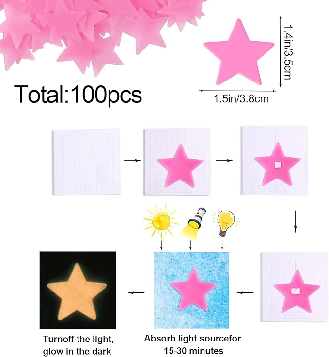 AM AMAONM 100pcs Glow in The Dark Luminous Stars Fluorescent Noctilucent Plastic Wall Stickers Murals Decals for Home Art Decor Nursery Ceiling Wall Decorate Kids Babys Bedroom Room Pink