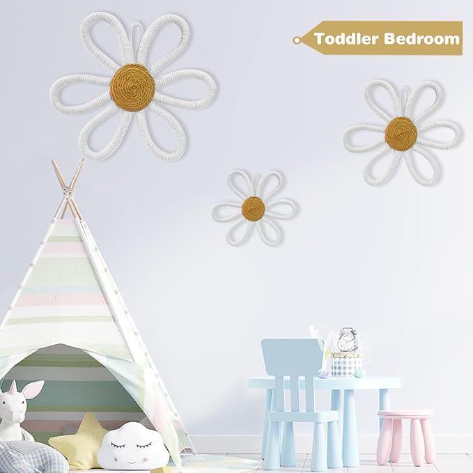 6 Pcs Boho Nursery Daisy Wall Decor, Woven Flowers Wall Hanging Art, White Boho Floral Room Decor with Lanyard for Office, Toddler Baby Little Girls Kids Home Bedroom Above Bed Decorations (White)