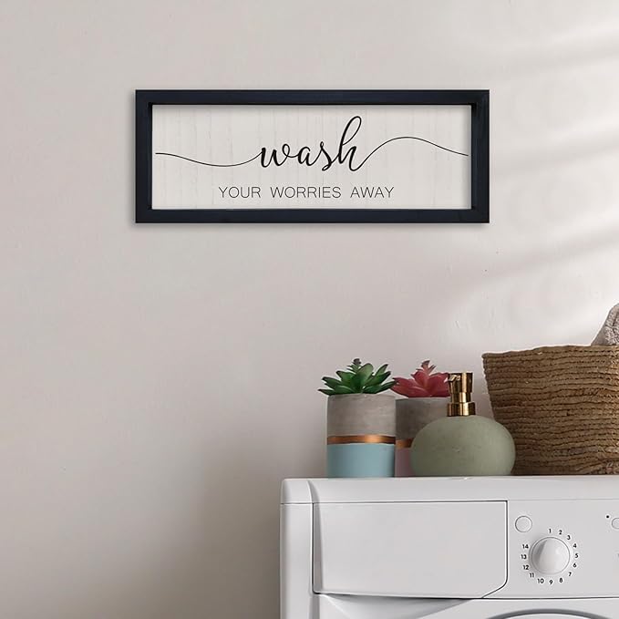 comurdyo Funny Laundry Room Plaque Wash Your Worries Away Bathroom Sign Wall Decor Inspirational Quote 16×6 Inch for above the Bathtub Restroom Small Wooden Framed Wall Hanging Art (Black)