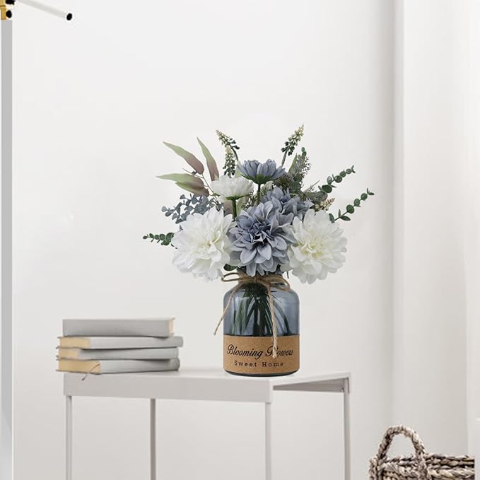 Fake Flowers with Vase,Silk Artificial Flowers in Vase,Fake Plants and Faux Flower Arrangement for Centerpiece Kitchen Table Decorations,Home Decor