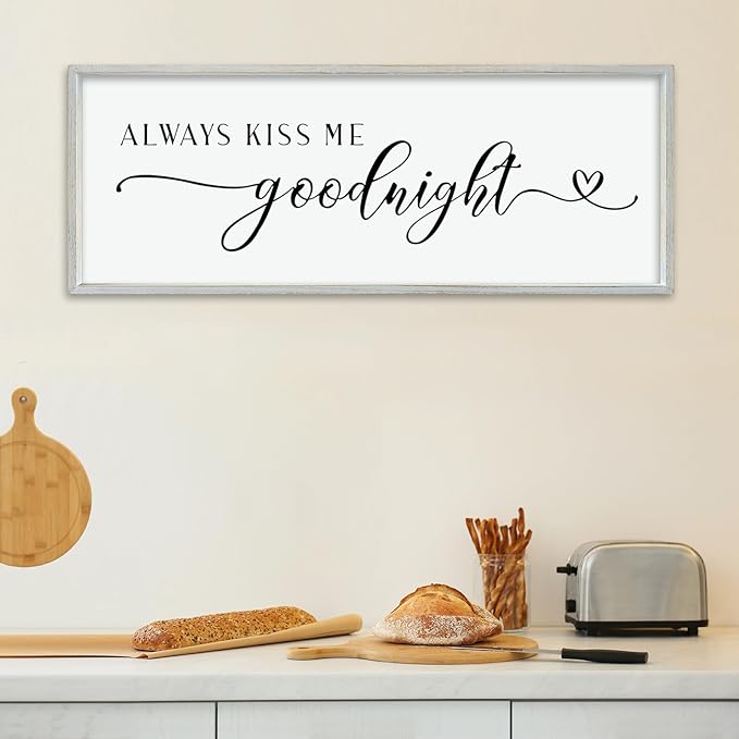 comurdyo Romantic Couple Always Kiss Me Goodnight Sign 40"×15" for Large Modern Rustic Love Theme Master Bedroom Above bed Wood Frame Horizontal Hanging Wall Art Decor (White)