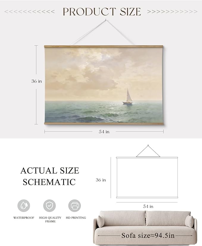 ARPEOTCY Extra Large Vintage Framed Wall Art, 36x54 Inch Ocean Coastal Sailboat Seascape Hanging Canvas Prints Scroll Wall Art Decor for Living Room Bedroom, Retro Scenery Pictures Above of Bed