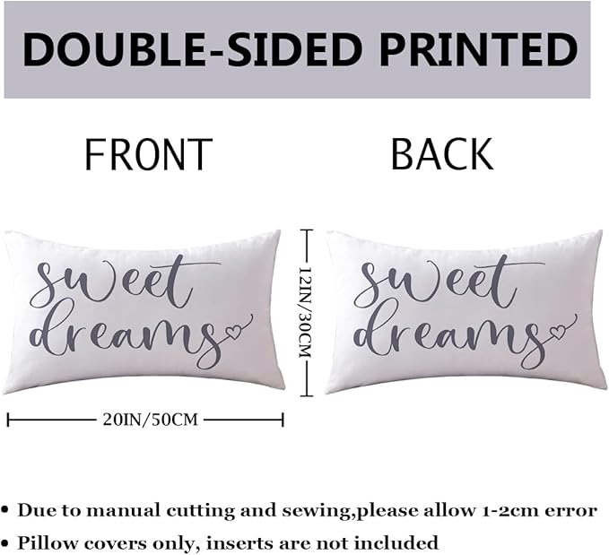 Bedding Decorative Lumbar Pillowcases Sweet Dreams Good Night Cushion Covers Sleep Themed Throw Pillow Covers 12''x20'',2Pack Soft for Bedroom Guest Room Housewarming Gifts (Grey)
