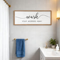 Foutcheou Funny Wash Your Worries Away Bathroom Wall Decor Sign 32x12 Inch Framed Wooden Wall Art with Inspirational Quote, Farmhouse for Home Laundry Room Guest Powder Room Wall Decor