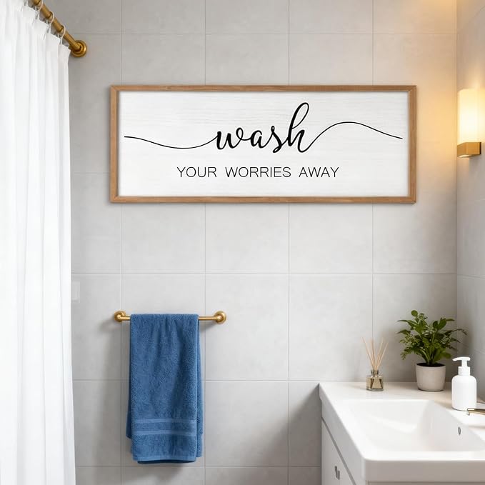 Foutcheou Funny Wash Your Worries Away Bathroom Wall Decor Sign 32x12 Inch Framed Wooden Wall Art with Inspirational Quote, Farmhouse for Home Laundry Room Guest Powder Room Wall Decor