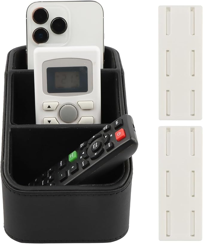 PU Leather Remote Control Holder, Small TV Remote Holder with 3 Compartments, Bedside Table Desktop Organizer for DVD, Media Player, Heater Controllers, Cosmetics, Office Supplies(COLOR:Black)