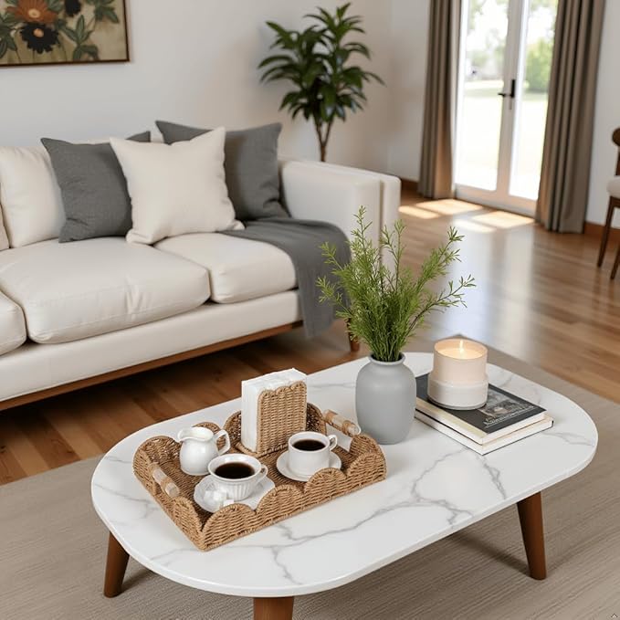 CubesLand Rectangle Scalloped Decorative Centerpiece Tray for Coffee Table, Home Decor, Living Room - Neutral Tray w/Wooden Handle – Warm and Elegant for Holidays, Housewarmings - Candle Plate Holder