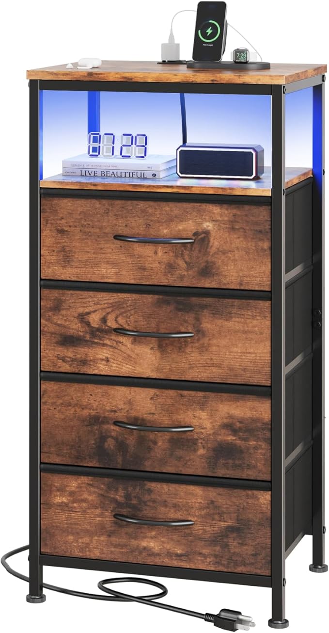 DUMOS Nightstand with Charging Station, Bedside End Table with 4 Fabric Drawers & USB/Type-C Ports and Outlets, Night Stand for Bedroom Furniture, Adjustable Feet and Variable Light Strip, Rust