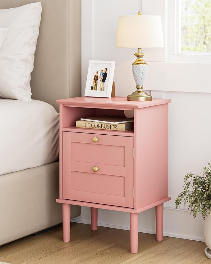 Nightstand, Boho Night Stand with 1 Drawers, Modern Side Accent Table with Open Shelf, Wooden Top Bedside End Table for Bedroom, Living Room, Pink