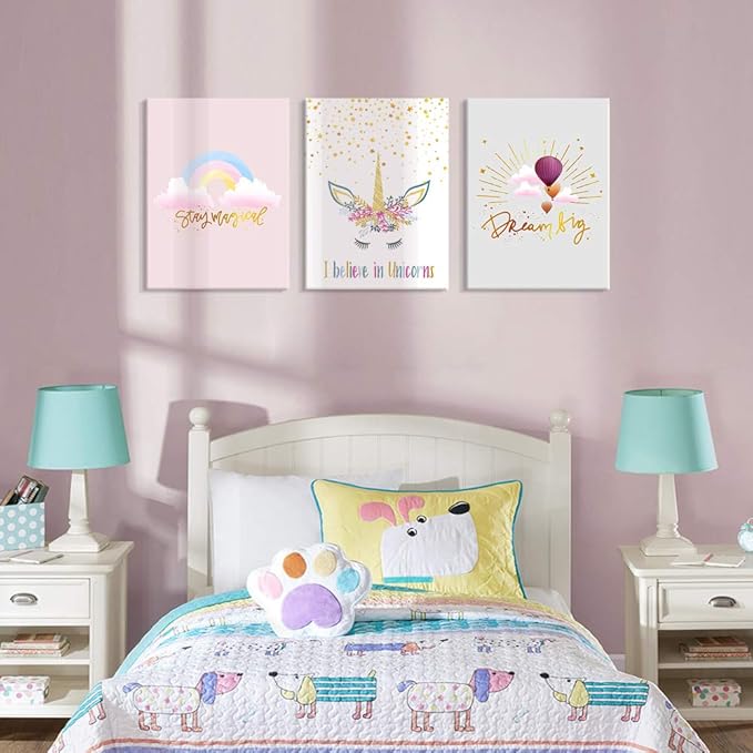 3 Pieces Unicorn Bedroom Decor for Girls Princess Room Decor Rainbow Pink Toddler Girl Room Decor Canvas Prints Motivational Colorful Hot Air Balloon Cartoon Unicorns Framed Pictures for Teen Girl Women Nursery Bathroom Decor 12"x16"(30x40cm)
