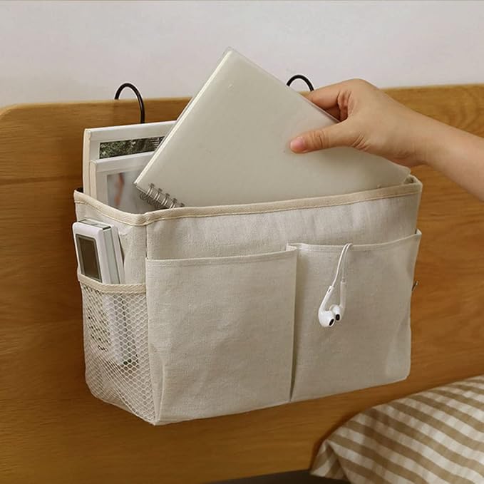 Bedside Hanging Bag,Bedside Organiser,Bedside Pocket, Bedside Hanging Storage Bag Caddy Pocket Nightstand Organizer Basket White for Bunk Bed Dorm Rooms