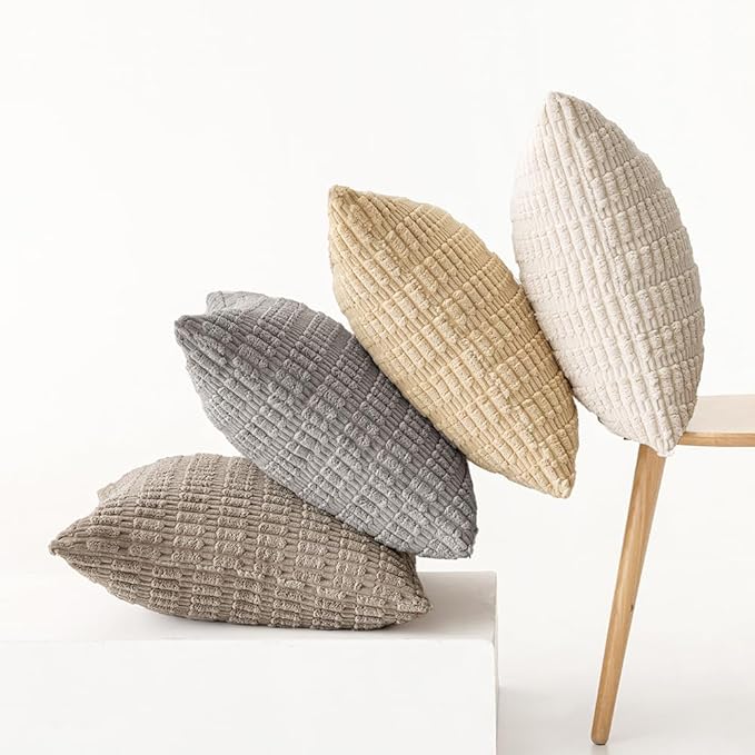 MIULEE Pack of 4 Neutral Decorative Throw Pillow Covers 18x18 Inch for Couch Sofa Living Room Bed Rustic Farmhouse Boho Corduroy Soft Striped Pillow Covers Home Decor